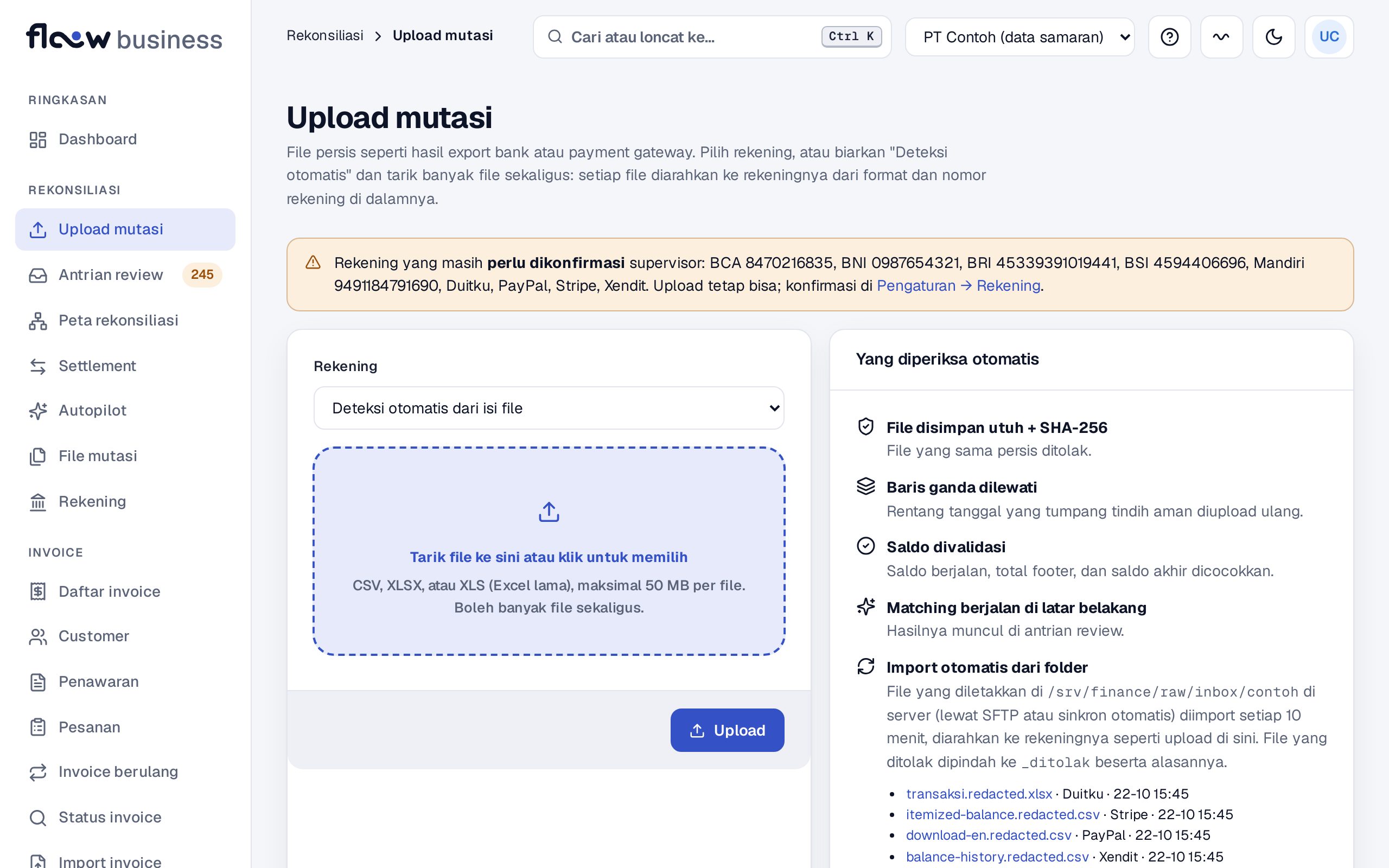 Halaman upload mutasi dengan daftar file yang sudah dikenali
